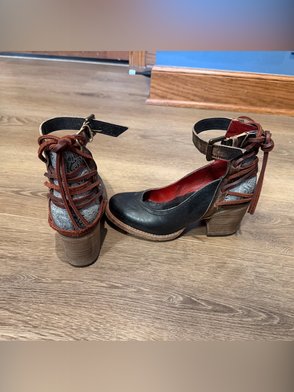 Freebird by Steven “Rae Anne” Black and pewter Two-Tone Leather Heeled Sandals
